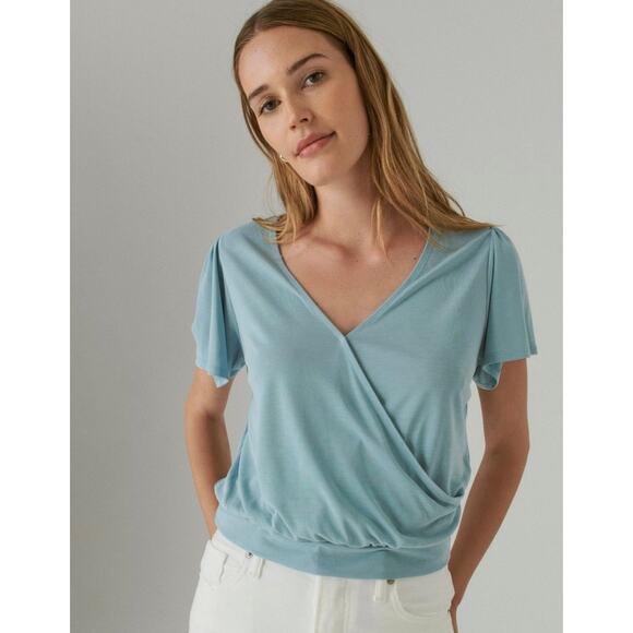 NWT Lucky Brand Sandwash Short Sleeve Wrap Top, Mineral Blue, Women’s Large - Picture 2 of 12
